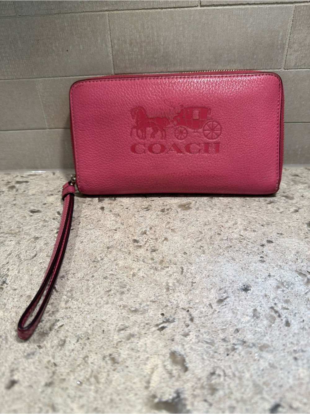 Coach Pink Pebbled Leather Zip Wristlet with Embossed Logo